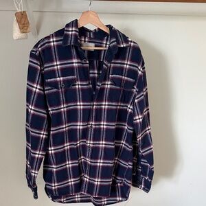 Navy Plaid Button-Up Shirt with White & Red Check